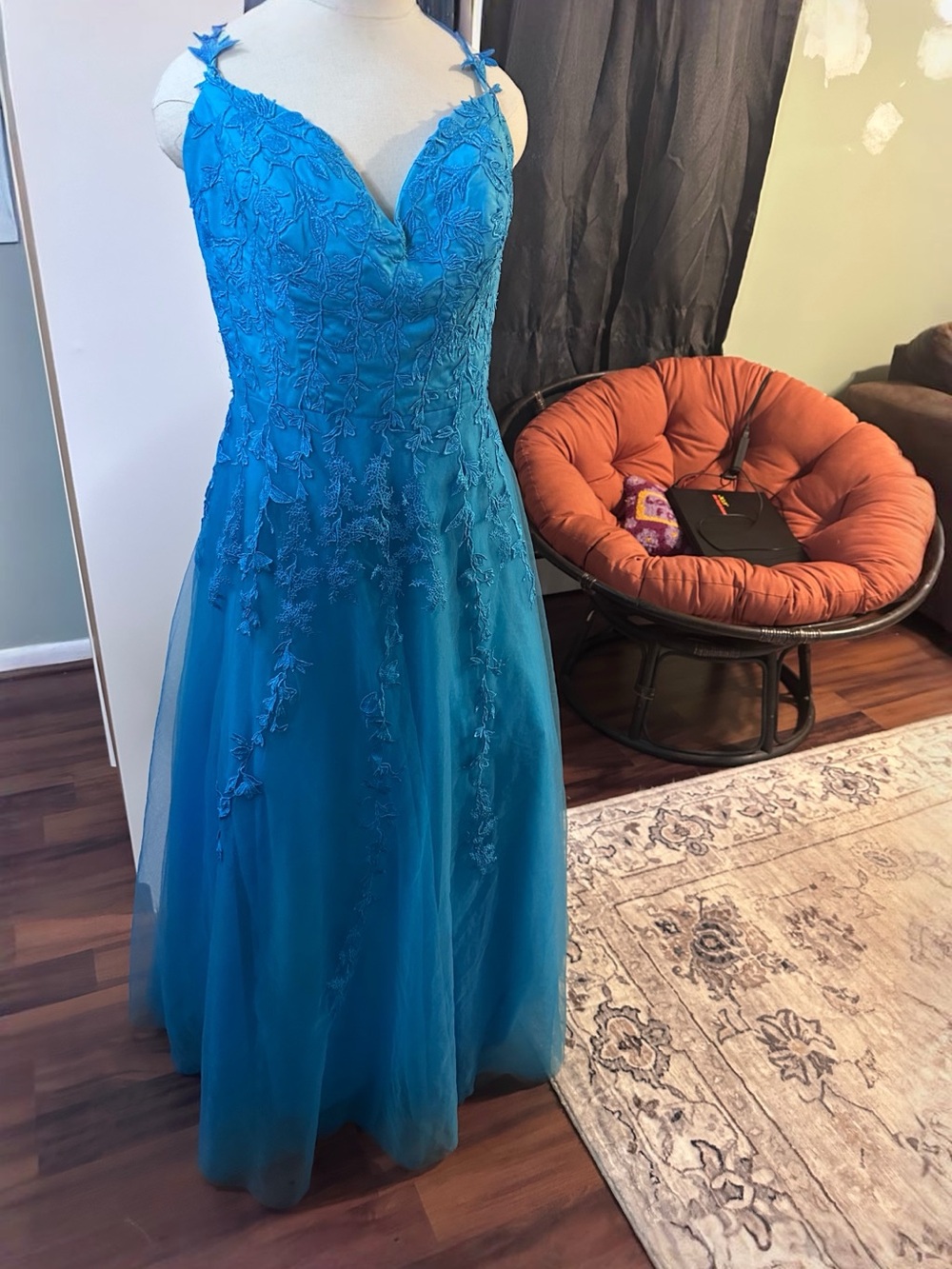 Teal Blue Lace Appliqué Evening Gown
